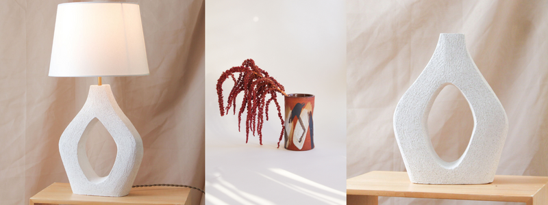 Keraclay Eden Lamp, Eden Sculpture, and cylinder vase